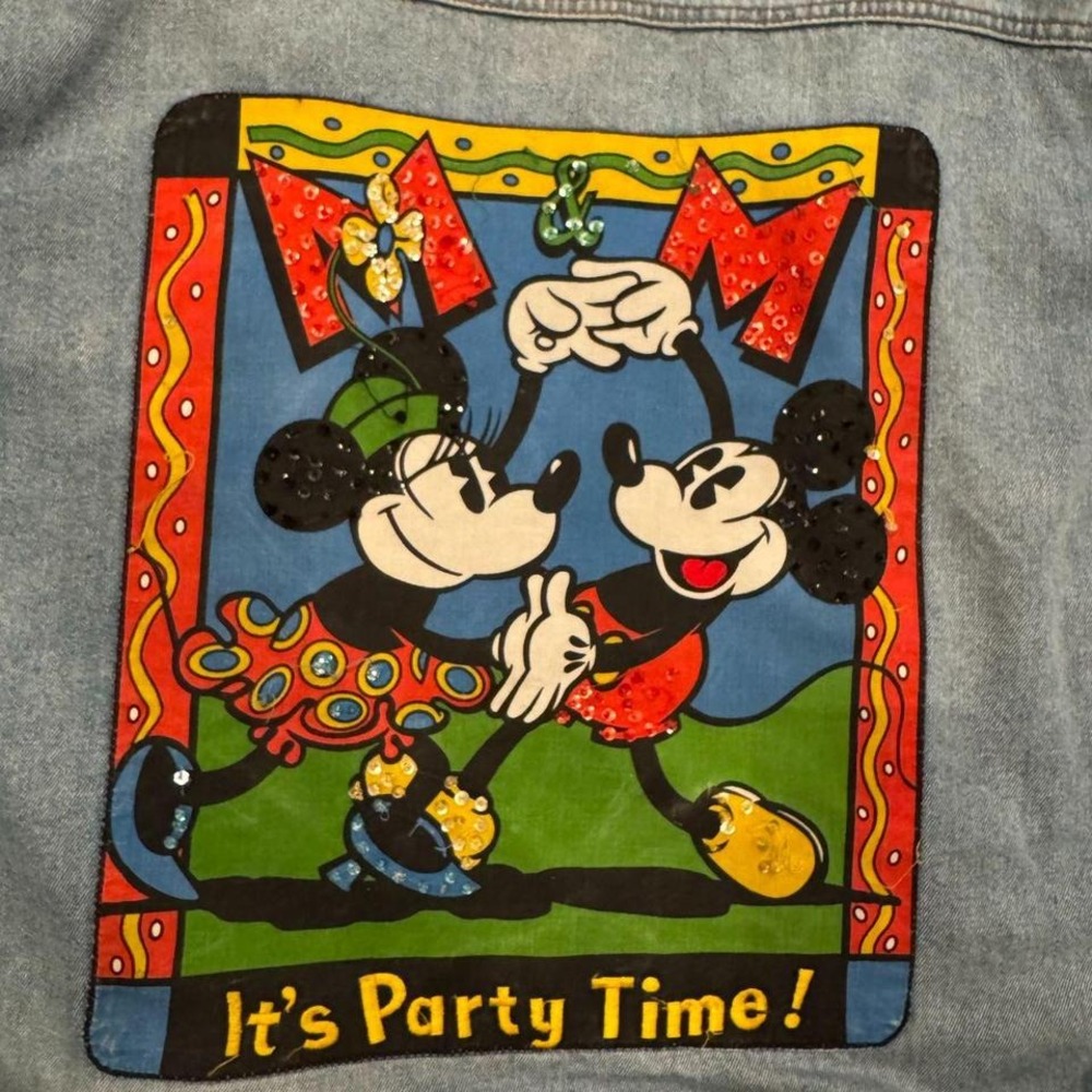Vintage 90s Mickey & Co Sequin Denim Jacket Its Party Time Blue Mens M